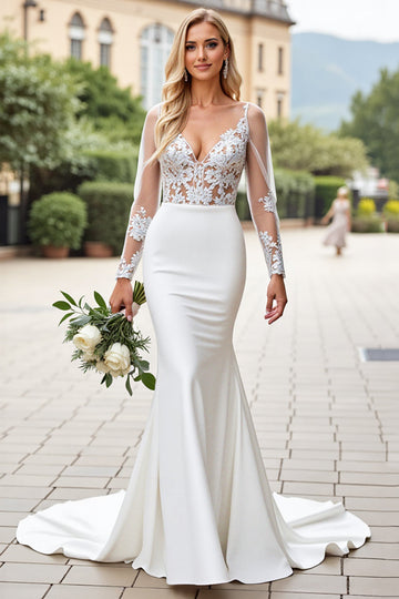 Ivory V-Neck Appliques Lace Mermaid Wedding Dress with Long Sleeves